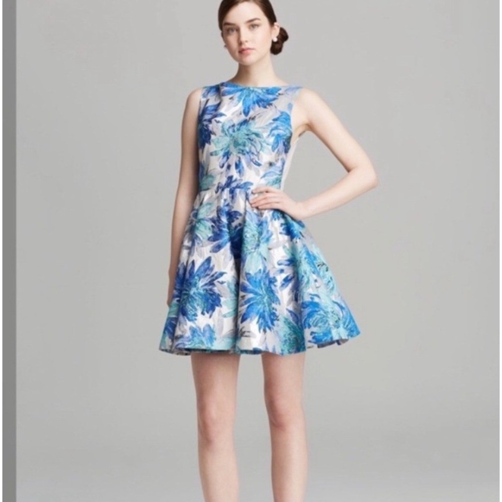 Alice + Olivia Blue Silver Floral Jacquard Cutout Back Mini Dress Metallic Luxe